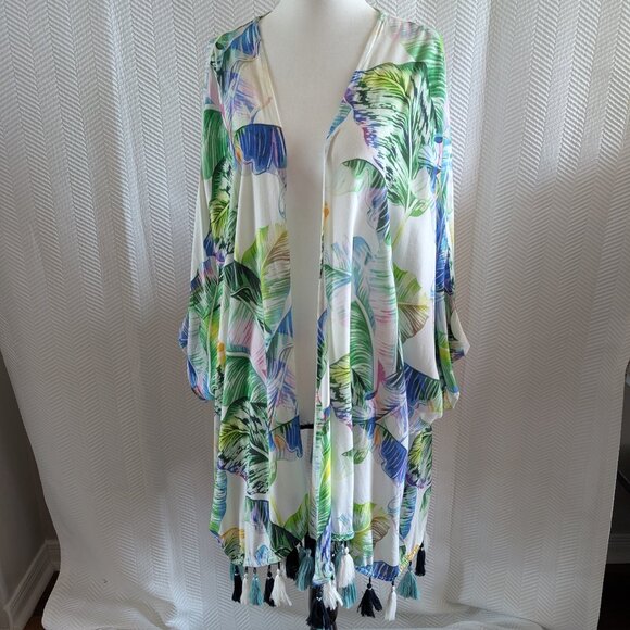 Bettina Liano Tropical Botanical Pattern Kimono Duster Cover Up Small Medium - Picture 1 of 12